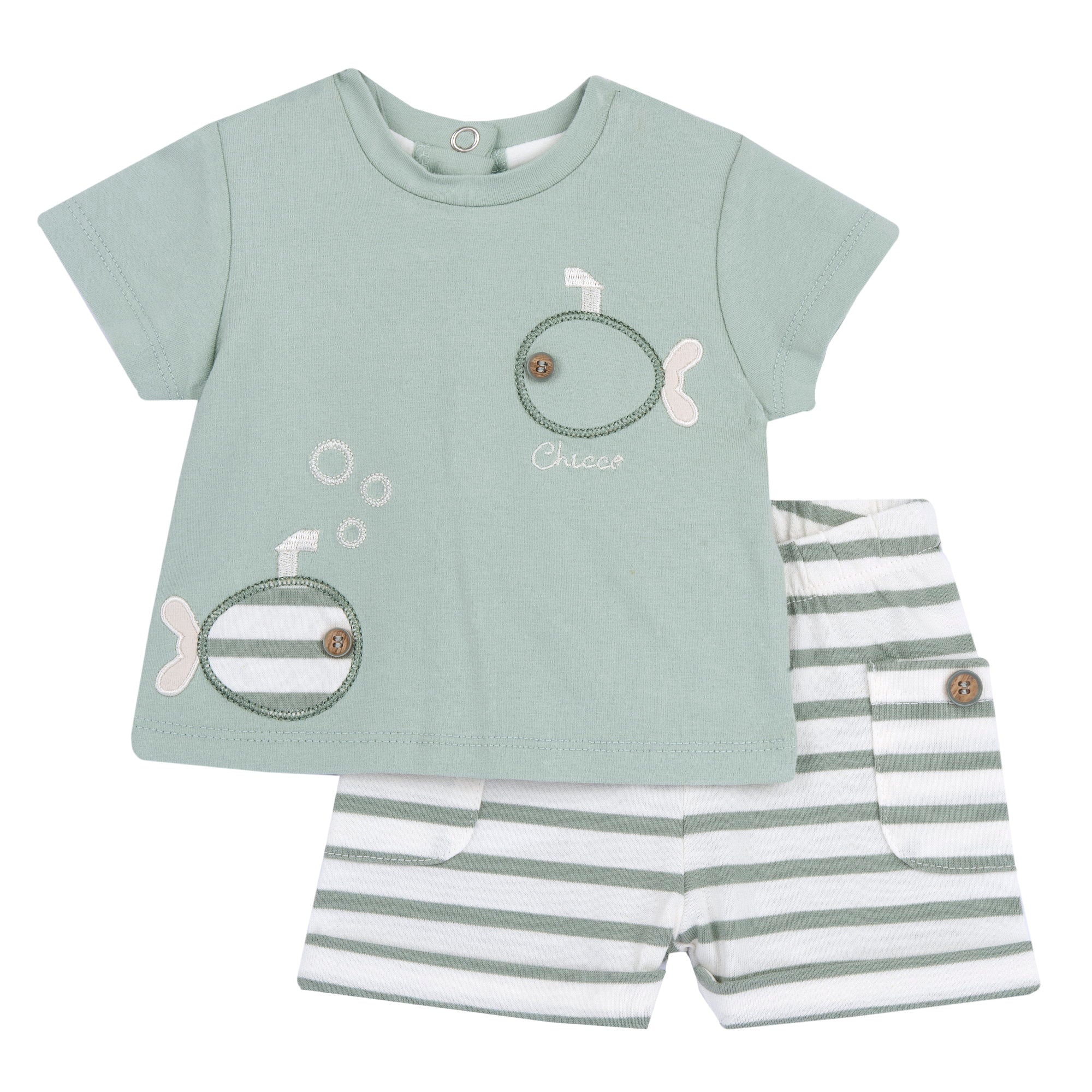 Set t-shirt con pesciolini + pantaloni corti rigati - NUOVA COLLEZIONE CHICCO P/E 2025