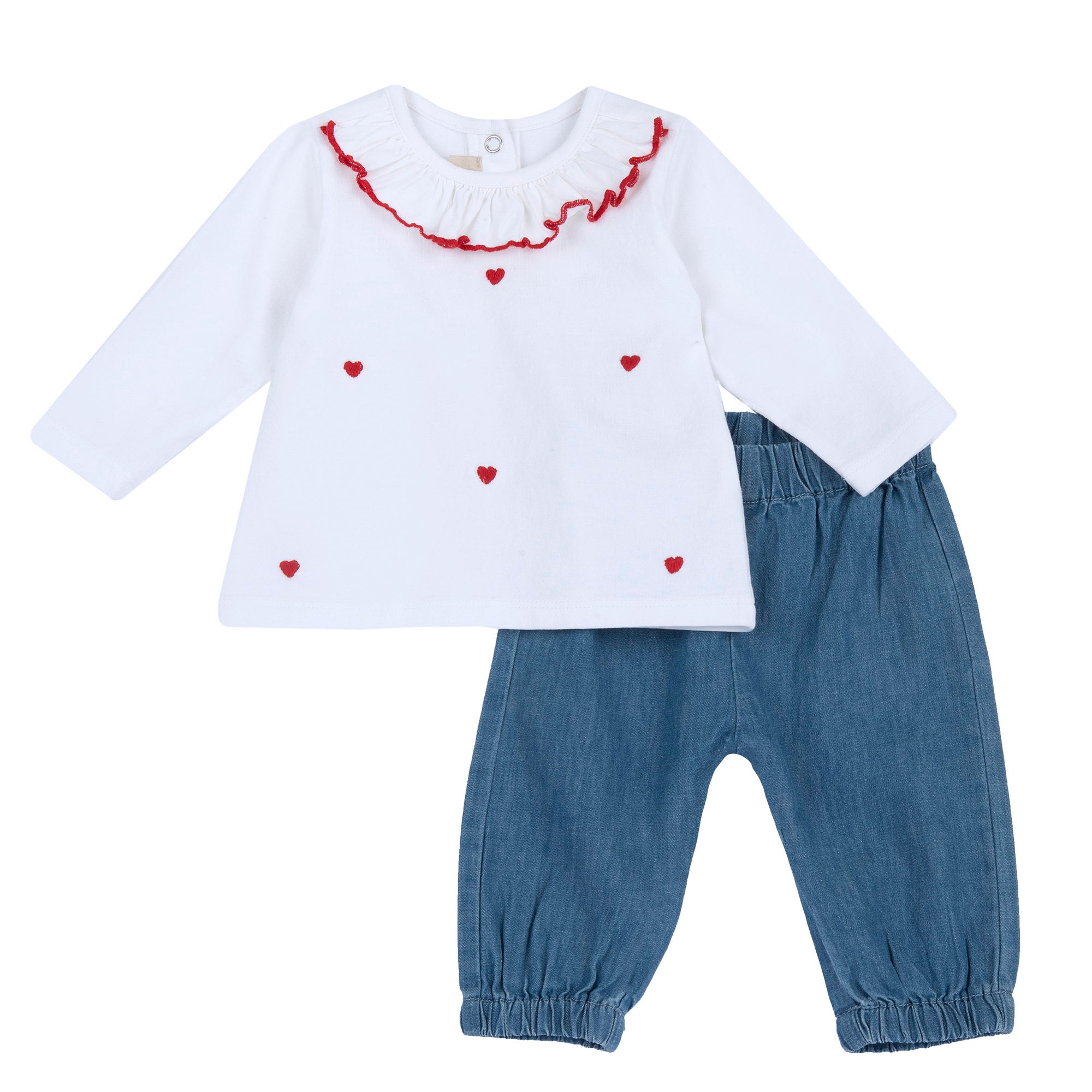 Set maglia manica lunga con cuoricini + pantaloni denim - NUOVA COLLEZIONE CHICCO P/E 2025