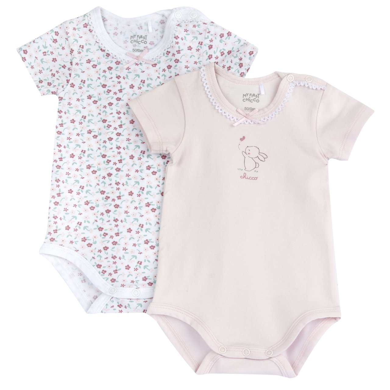 Set 2 body intimo di cotone manica corta con stampa piccolo coniglietto e fiorellini - NUOVA COLLEZIONE CHICCO P/E 2026