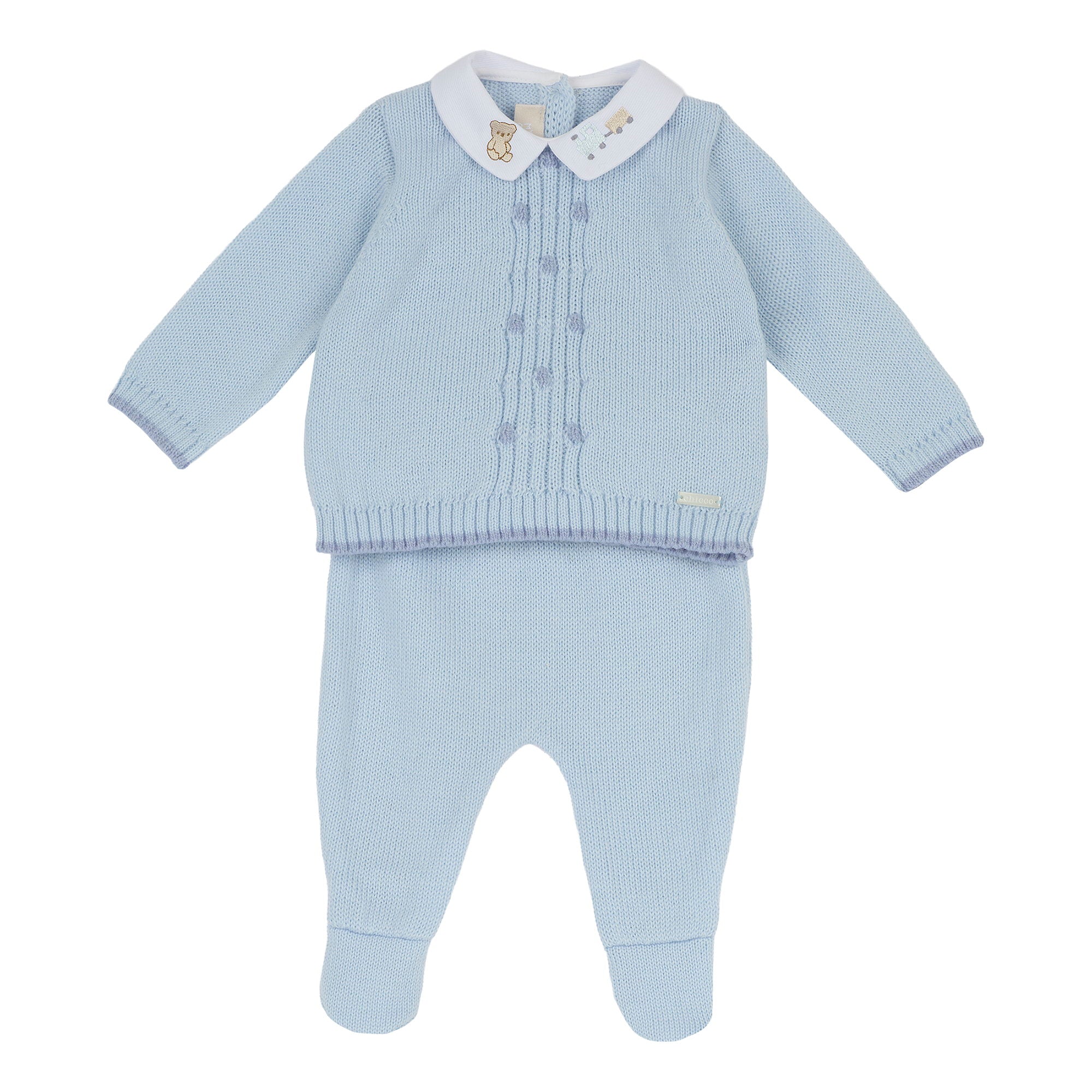 Completo maglia e pantaloni con piedini in pura lana merino.Nuova collezione Chicco A/I 2026/27