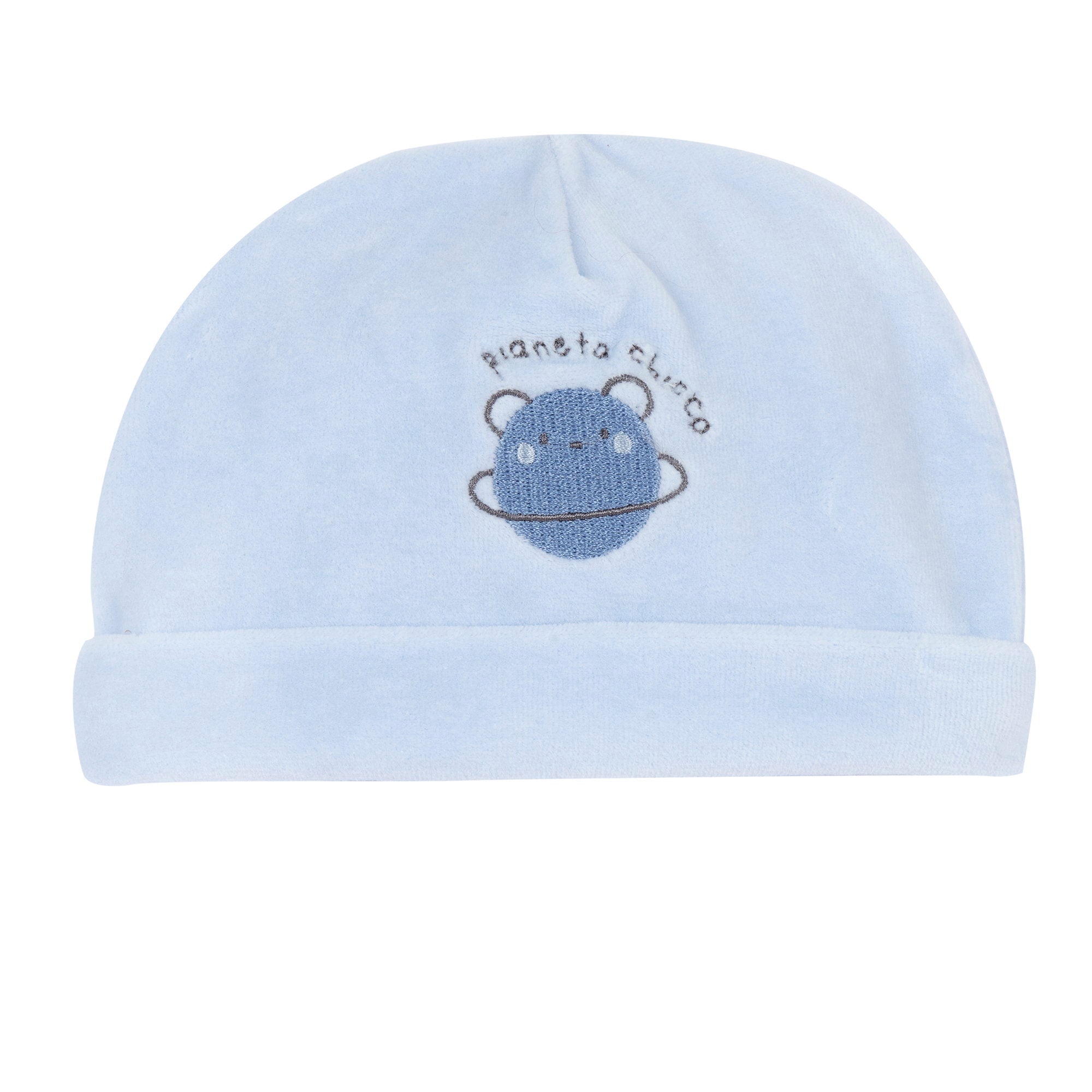 Cappello in ciniglia celeste con risvolto e pianeta ricamata - NUOVA COLLEZIONE CHICCO A/I 2026-27