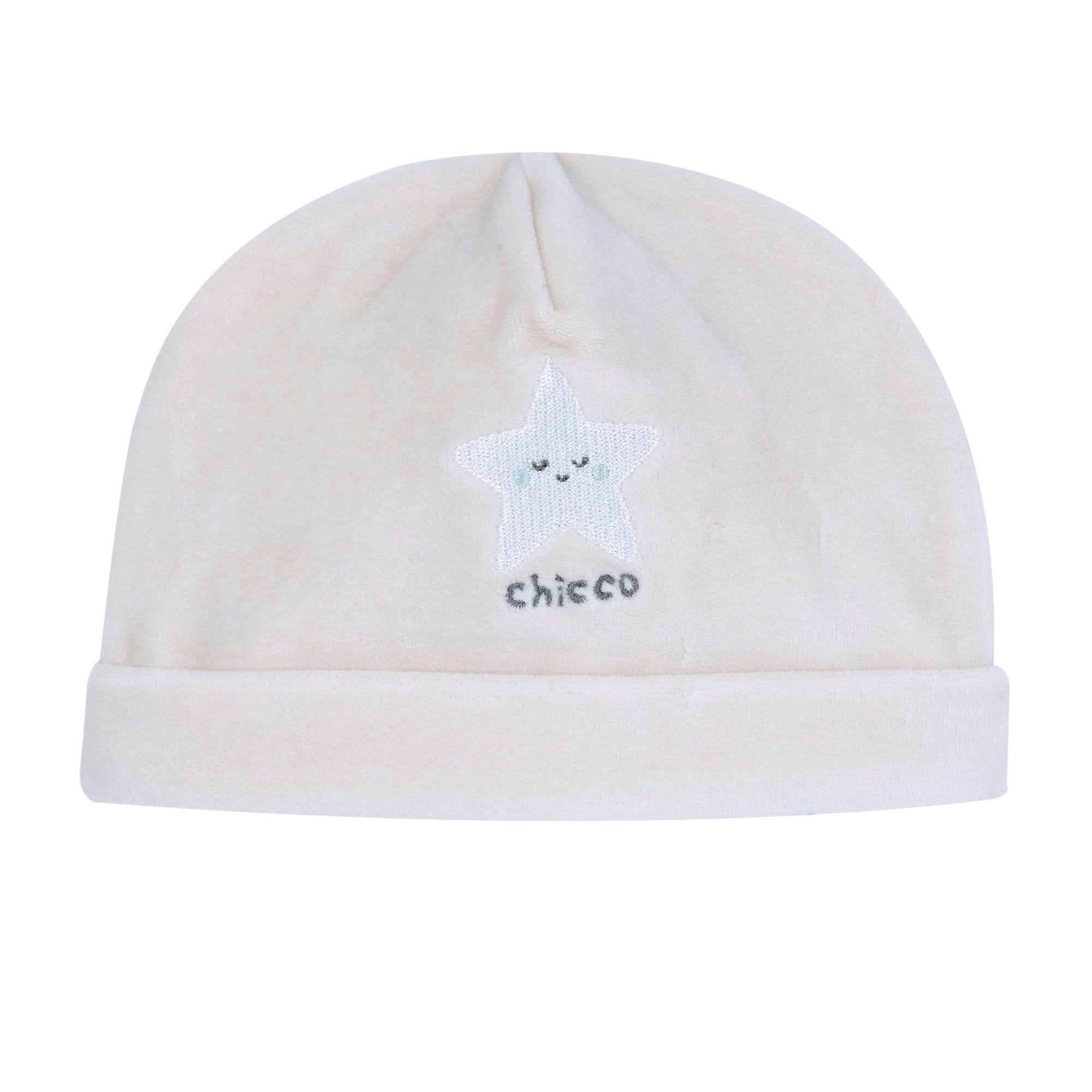 Cappello in ciniglia beige con risvolto e stellina ricamata - NUOVA COLLEZIONE CHICCO A/I 2026-27