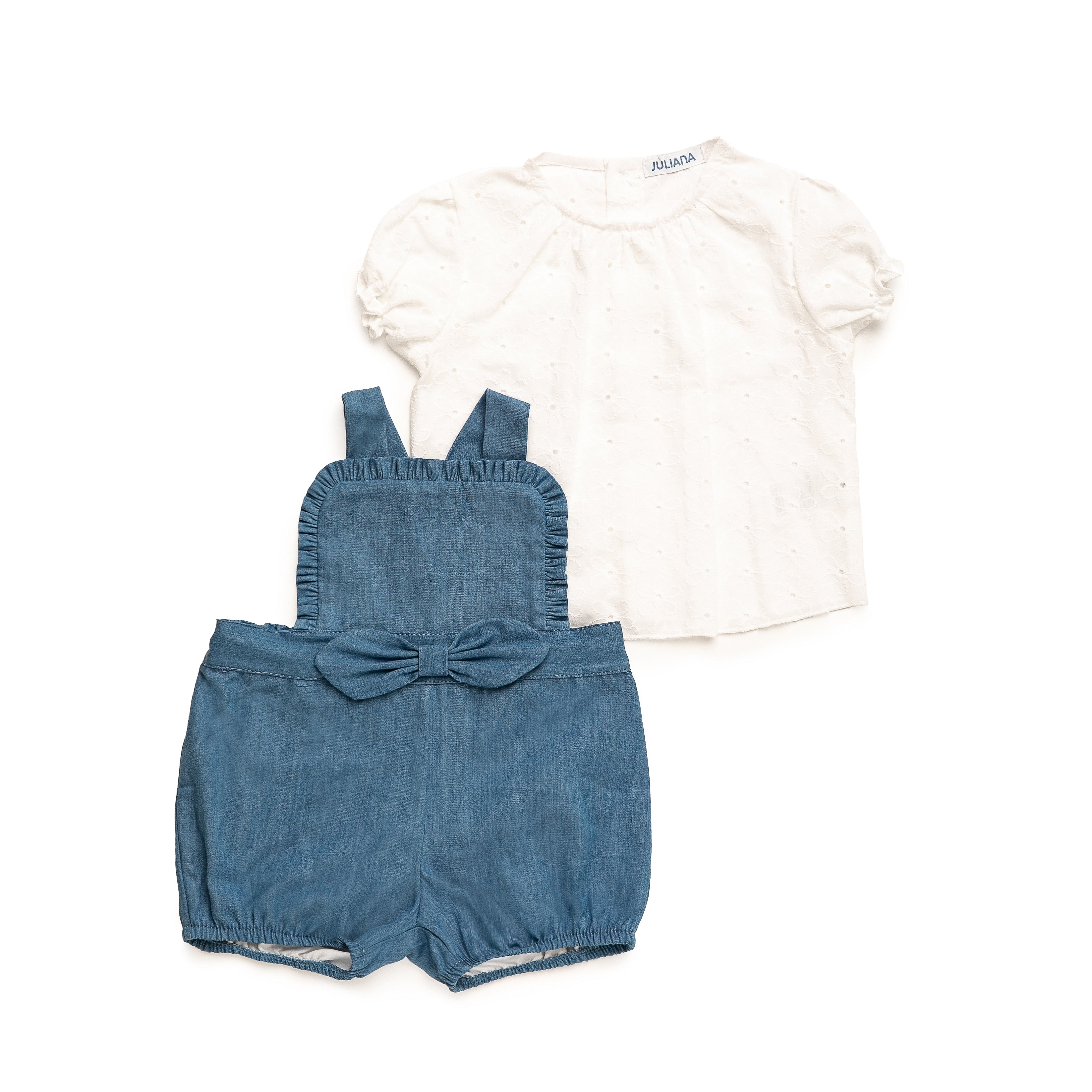 Set salopette denim + camicia in sangallo - NUOVA COLLEZIONE JULIANA P/E 2025
