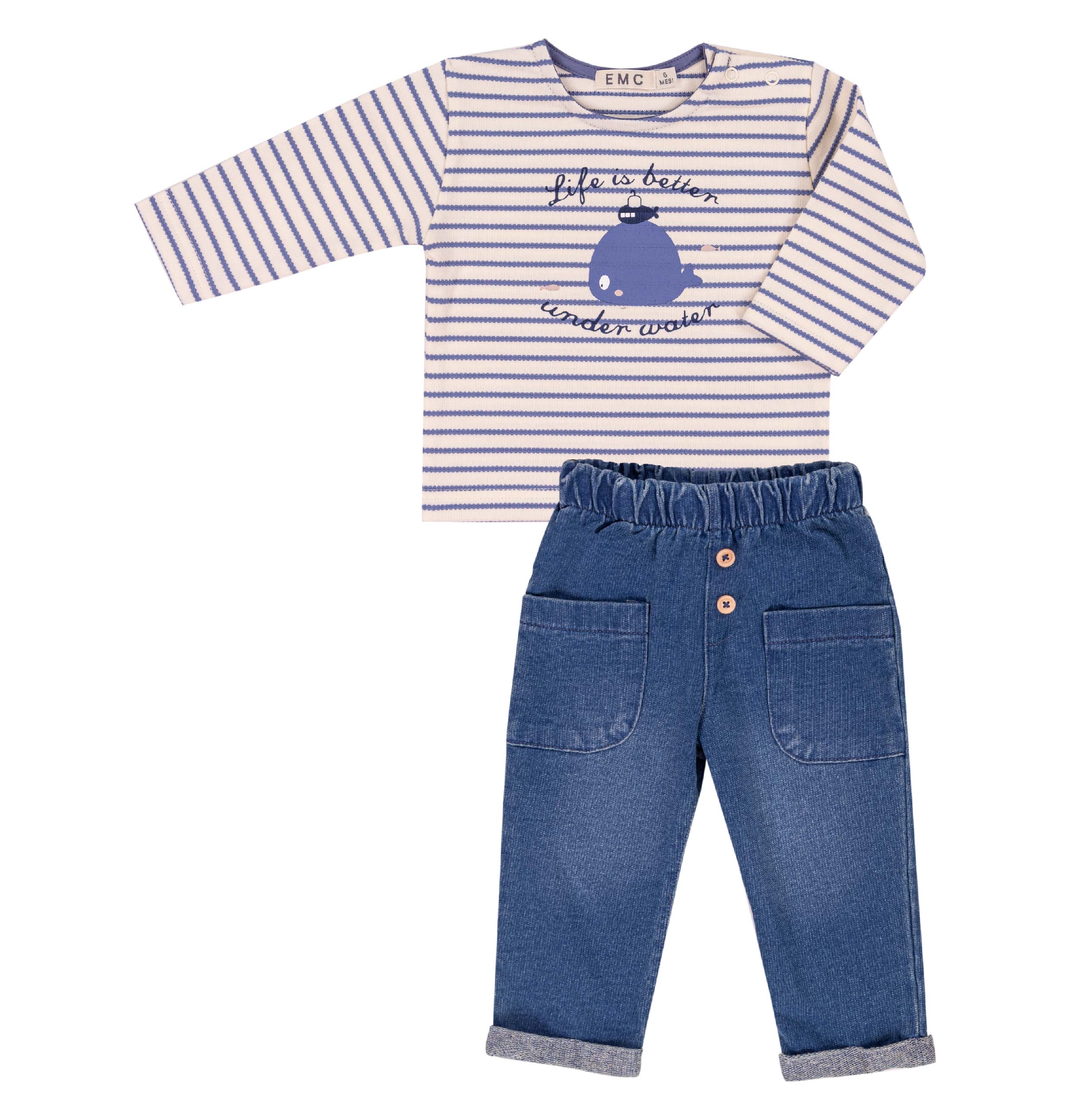 Set t-shirt di cotone rigato + jeans elastici - NUOVA COLLEZIONE EMC P/E 2025