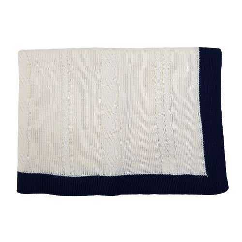 Scialle di lana panna con bordino blu - COLLEZIONE PETITE ETOILE 2024