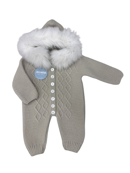 Tutina neonato in maglia con cappuccio in ecopelliccia - NUOVA COLLEZIONE JULIANA A/I 2026-27